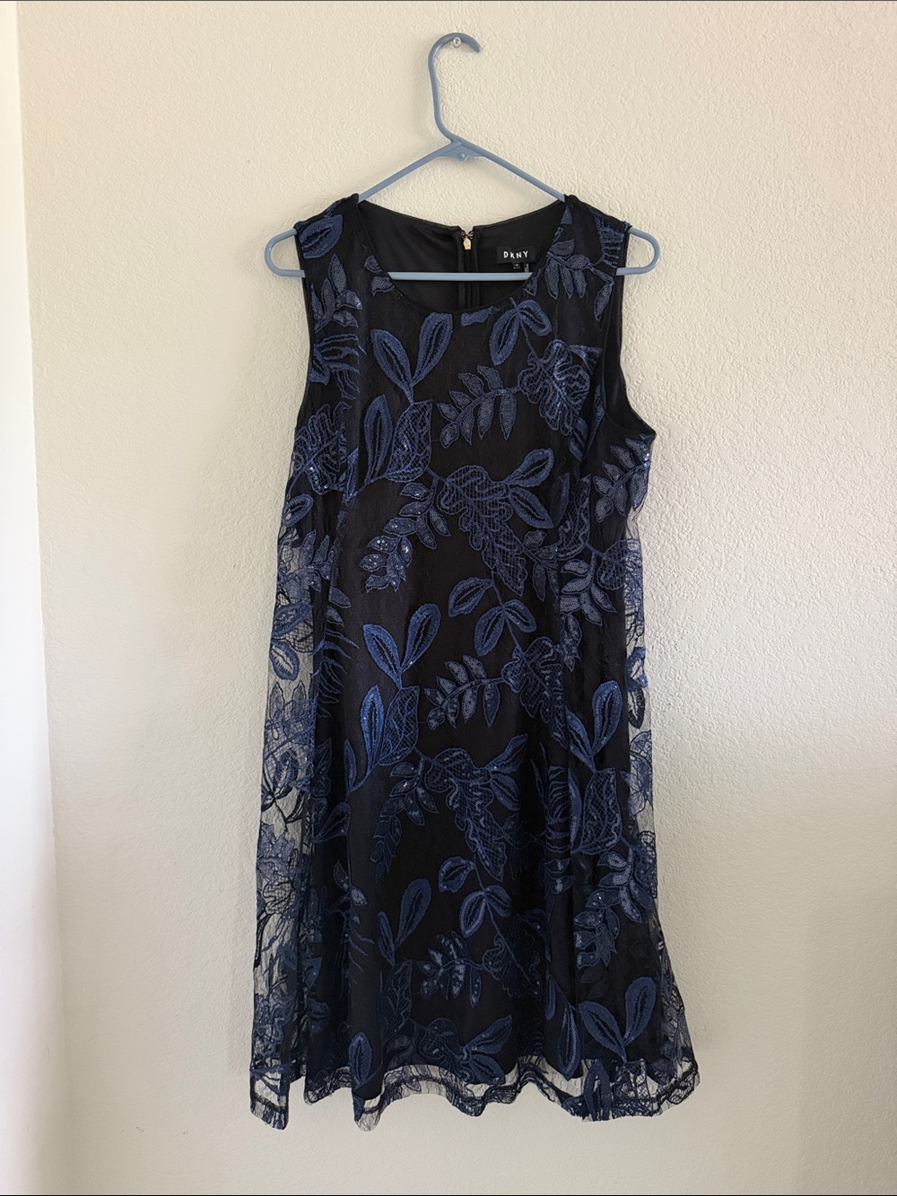DKNY Navy Blue Floral Lace Overlay Mini Dress